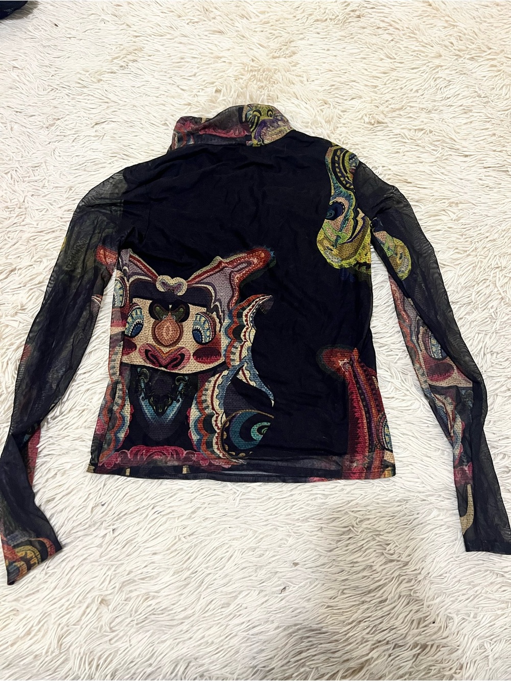 Sheer Black Long-Sleeve Printed Mesh Top